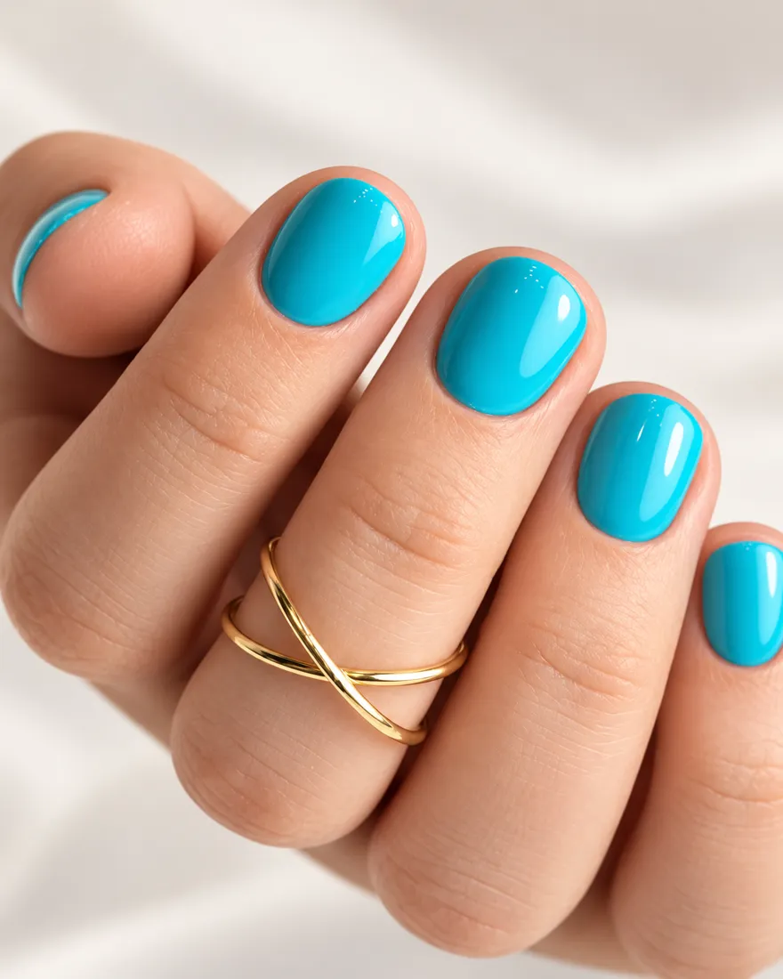 Turkusowy manicure na krótkich paznokciach